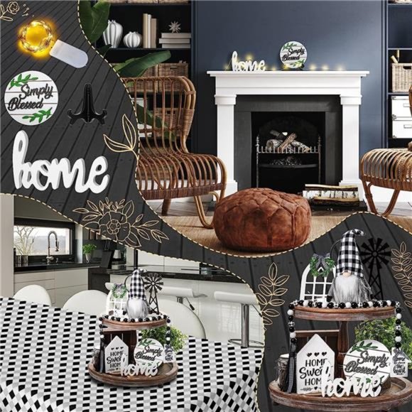 10 Pieces Farmhouse Decor for Tiered Tray, Black White Buffalo Plaid Wooden - Picture 4 of 6